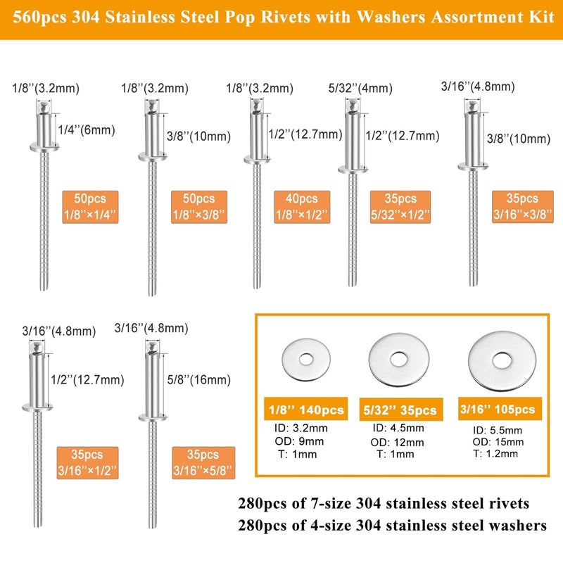 Sunxeke 560pcs 304 Stainless Steel Pop Rivets with Washers Assortment Kit,7 Sizes Pop Aluminum Rivets(1/8in 5/32in 3/16in),Assorted Blind Rivets for DIY/Automotive Repairs/Furniture with Labeled Case - Image 2